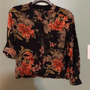 Carole Little Black Blouse with Orange Floral Print